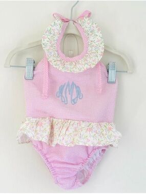 Cecil and Lou Pink Floral-Trim Seersucker Bathing suit